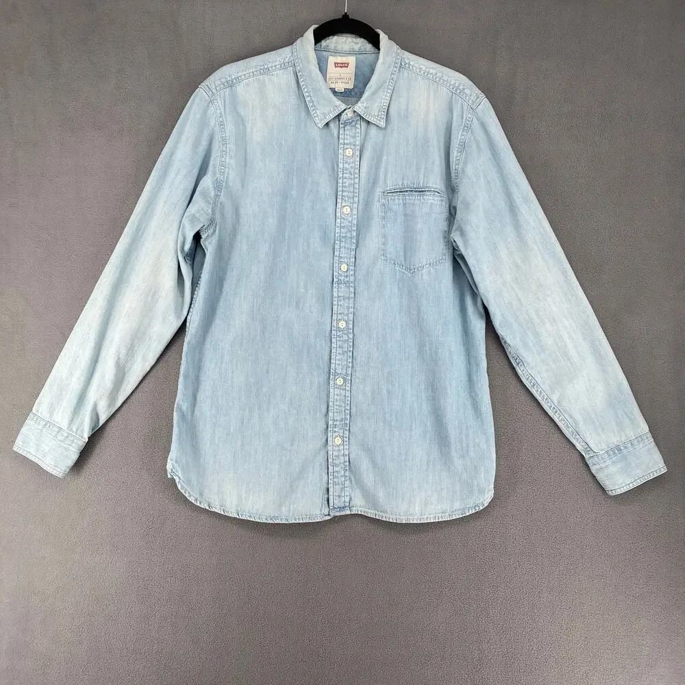 Levis Western Boho Long‎ Sleeve Button Down Mens? Unisex L Faded Light Blue Wash